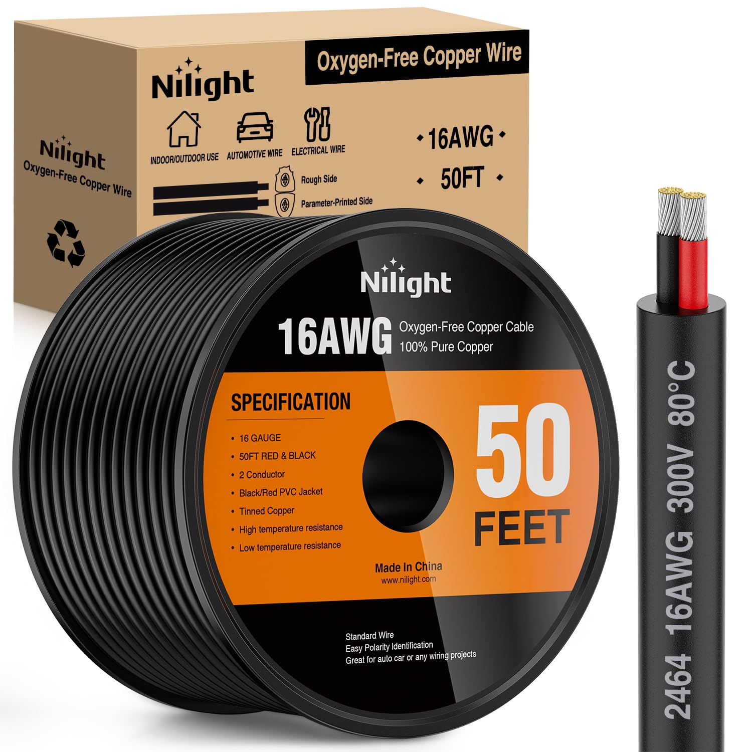 Nilight 50FT 16AWG 無酸素銅線赤黒 2 導体 PVC 撚り線電気ケーブル 300V 柔軟な延長ストリップ