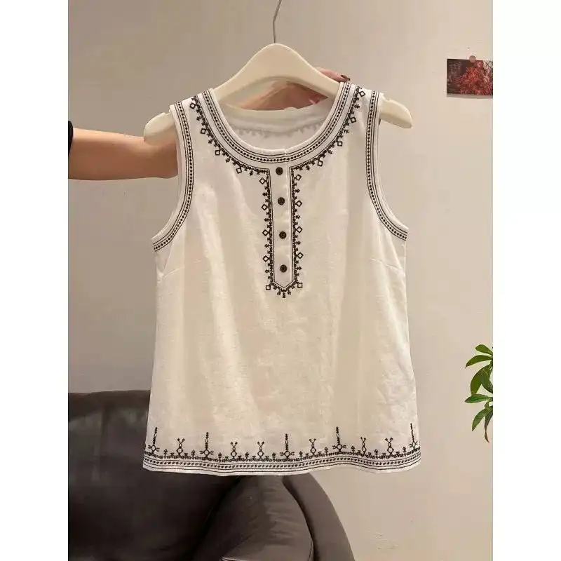 女性ボヘミアン幾何学刺繍ノースリーブタンクトップハーフボタンルーズリネンベスト
