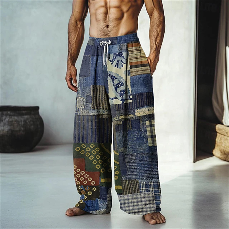 Men's Hawaiian Beach 3D Print Casual Pants, Relaxed Fit Wide-Leg Drawstring Breathable Trousers For Vacation Retro Style