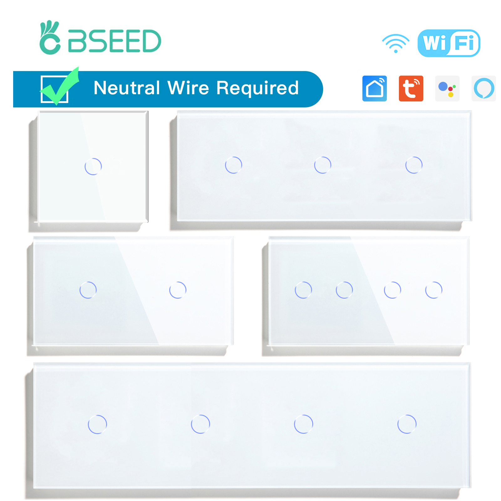 BSEED WIFI タッチ スイッチ シリーズ壁スマート ライト スイッチ青色 LED バックライト ガラス センサー スクリーン Tuya APP スイッチ EU 標準