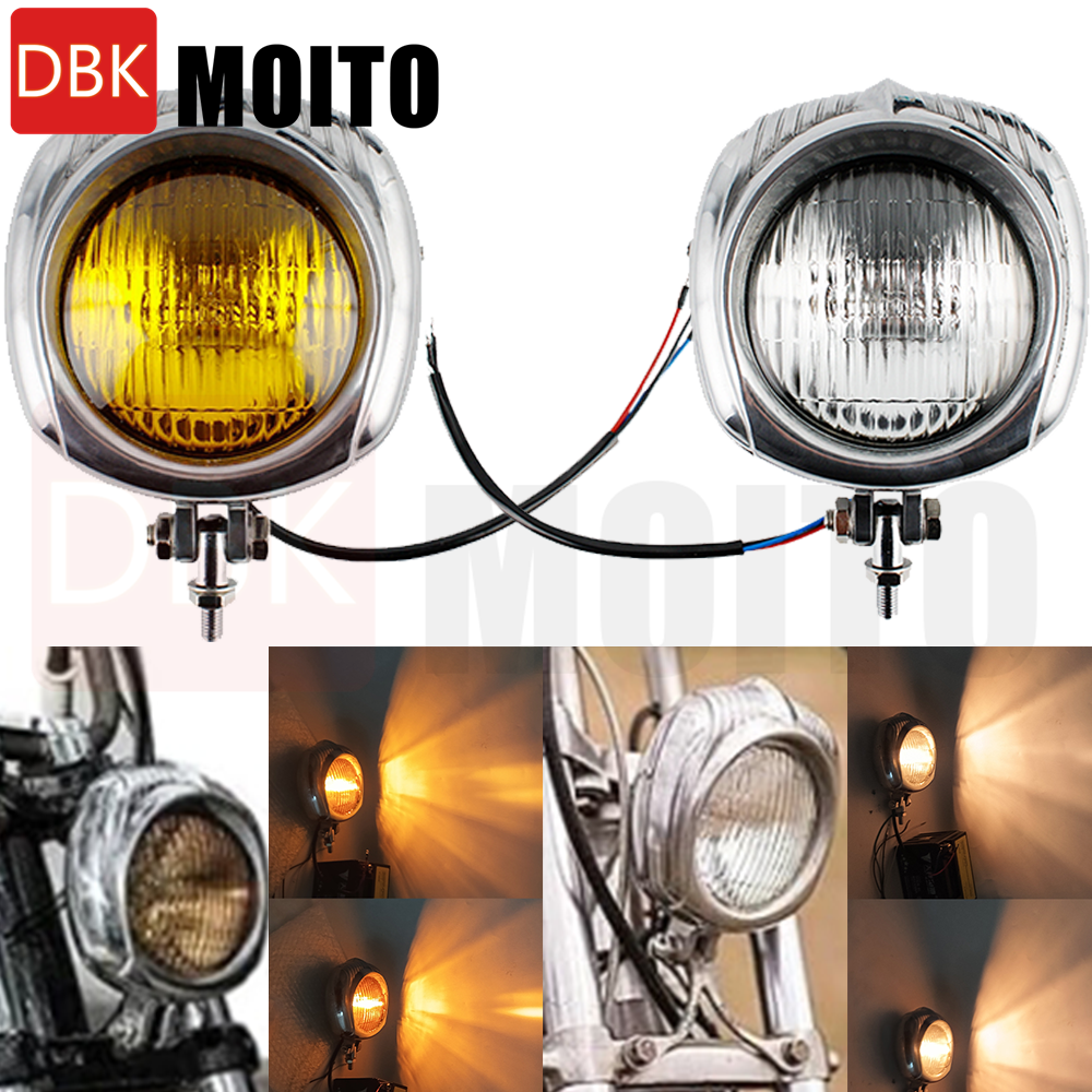 ハーレー用レトロヴィンテージポリッシュフロントオートバイヘッドライトランプ黄色またはシルバーレンズ 12V オールドスクールポリッシュ金属仕上げ