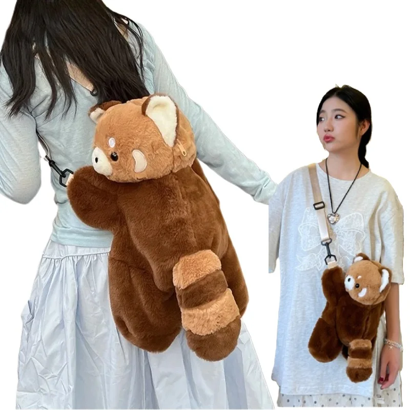 レッサーパンダぬいぐるみバックパックかわいいぬいぐるみ人形女性クロスボディファーソフトショルダーバッグキャンプ旅行パーティー女性の誕生日ギフト