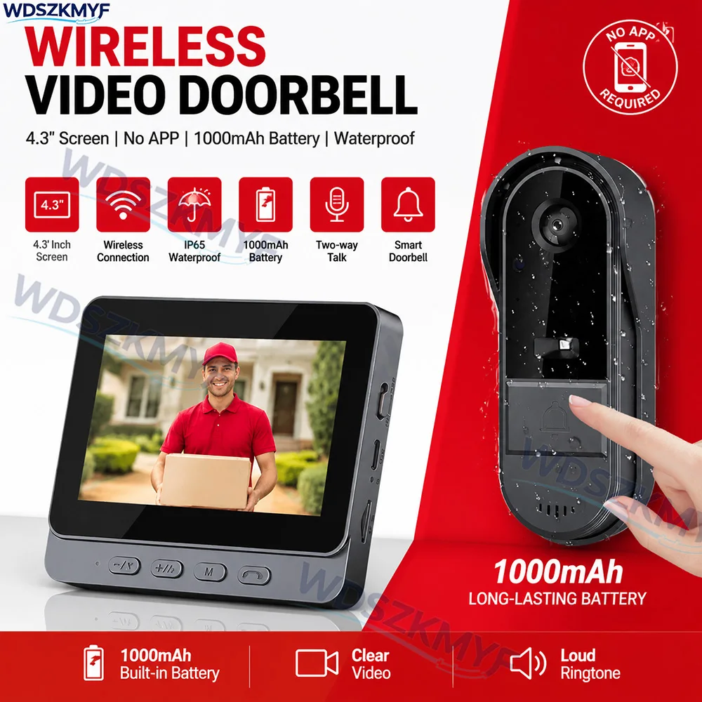 ワイヤレス Wifi ドアベルカメラ 1080P 防水ビデオインターホンドアベル 4.3 インチ IPS スクリーンホームセキュリティドアベル IR ナイトビジョン