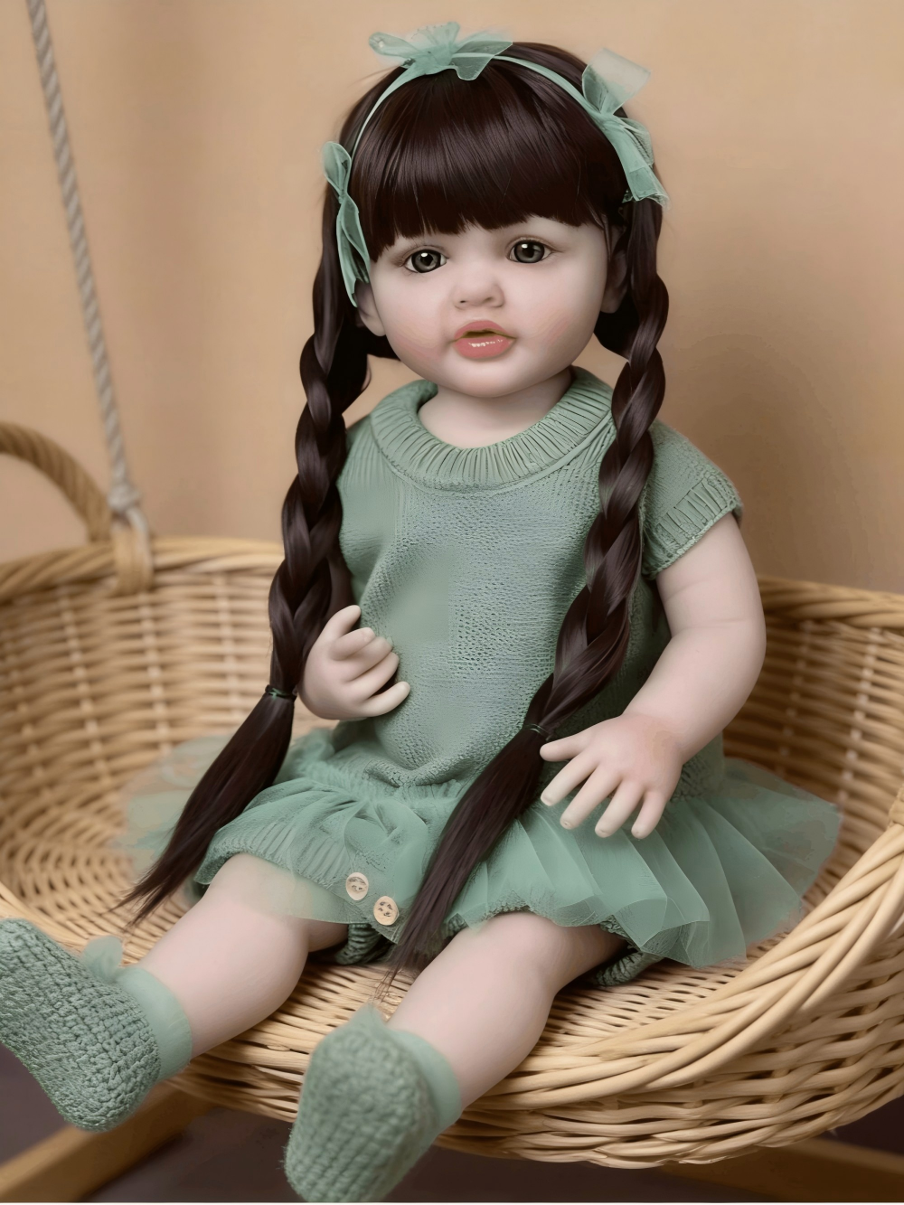 22インチのリアルなリボーンベビードールガール、ソフトシリコンビニールボディ、グリーンチュールドレス、編み込みヘア、リアルな幼児人形、子供/コレクターへの完璧なギフト、誕生日クリスマスおもちゃ