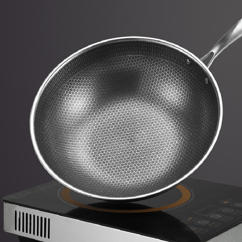 430 ステンレス鋼中華鍋スキレット厚いハニカム手作りフライパンノンスティック非錆ガス/電磁調理器キッチンクック