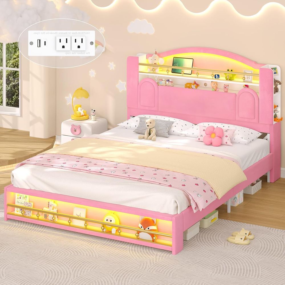 -ForStorageヘッドボードベッドフレーム、充電ドック付きLED照明プラットフォームベッド、女の子用ピンクベルベットプリンセスベッド、ボックススプリングなし、EA*