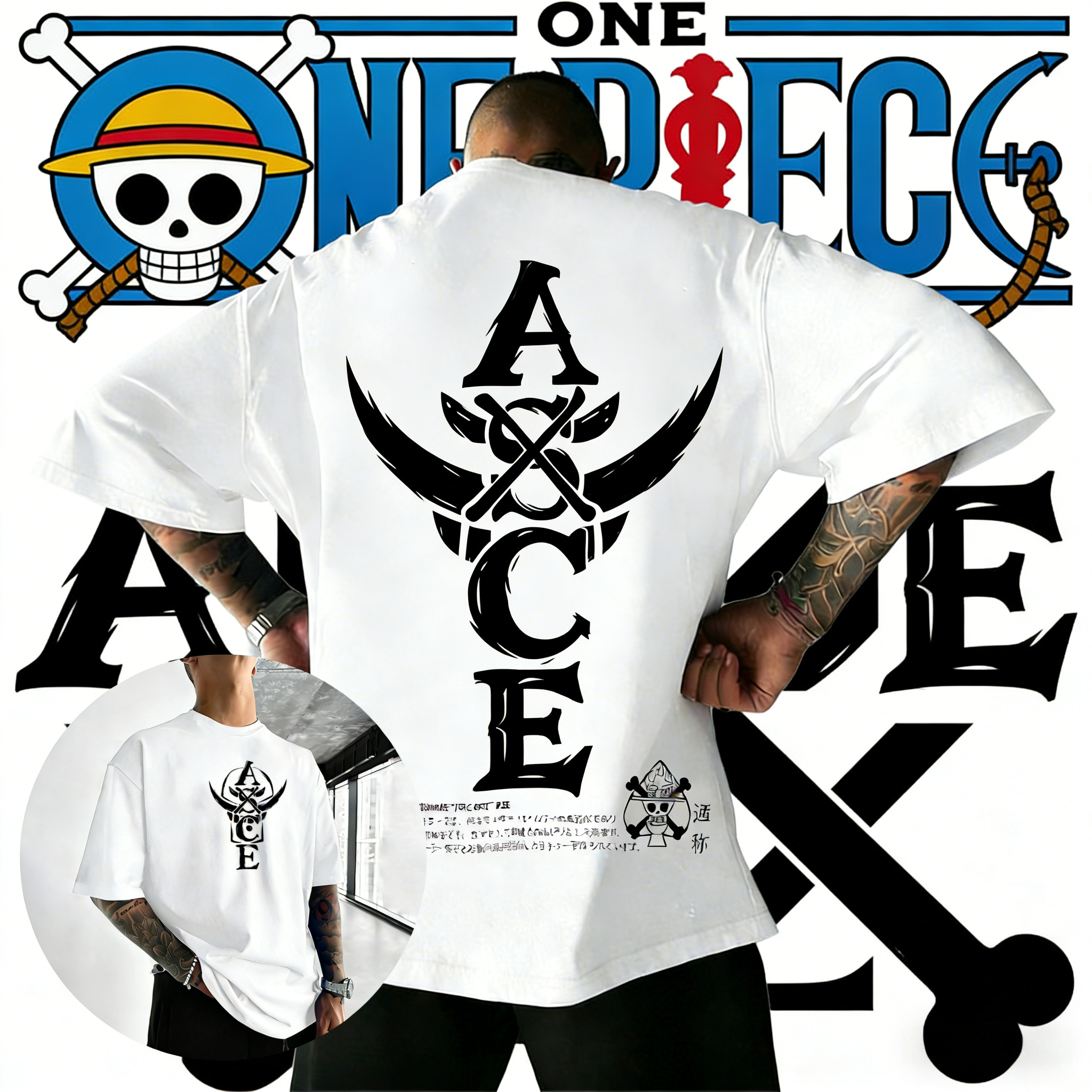2026 夏ワンピースポートガス D. エース ASCE コットン Tシャツヴィンテージスカルプリントカジュアルストリート男性女性ティーンアニメファン