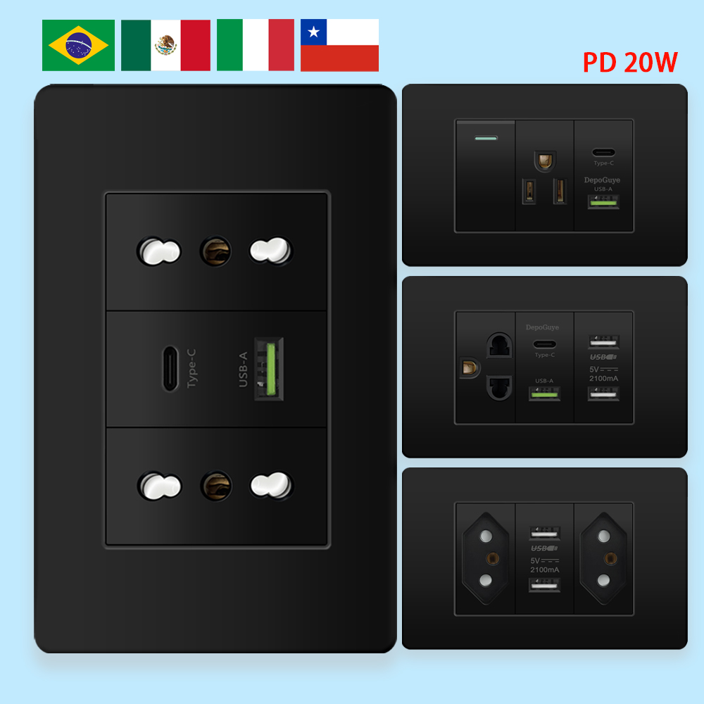 イタリア チリ メキシコ コンセント USB スマート Type-c 20W 急速充電壁プラグ、ブラジル電灯スイッチ デュアル USB 電源ソケット