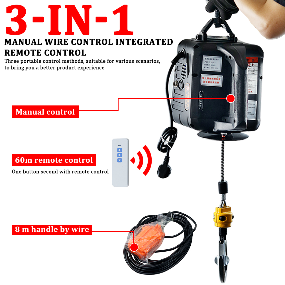 220V 500 キロリモコンクレーンホイストワイヤーロープ電気ホイストアルミシェルホイスト家庭用屋内小型クレーンホイスト