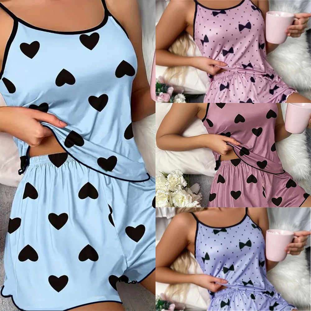 女性用アイスシルクパジャマセット、かわいいハートプリント半袖パジャマ – 暑い夏の夜に涼しく通気性があります。
