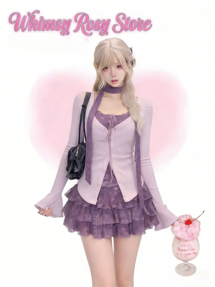 2026 日本の衣装春の女性かわいい 2 ピーススカートセット Y2K クロップトップ Tシャツケーキスカート和菓子スタイルヴィンテージスーツ