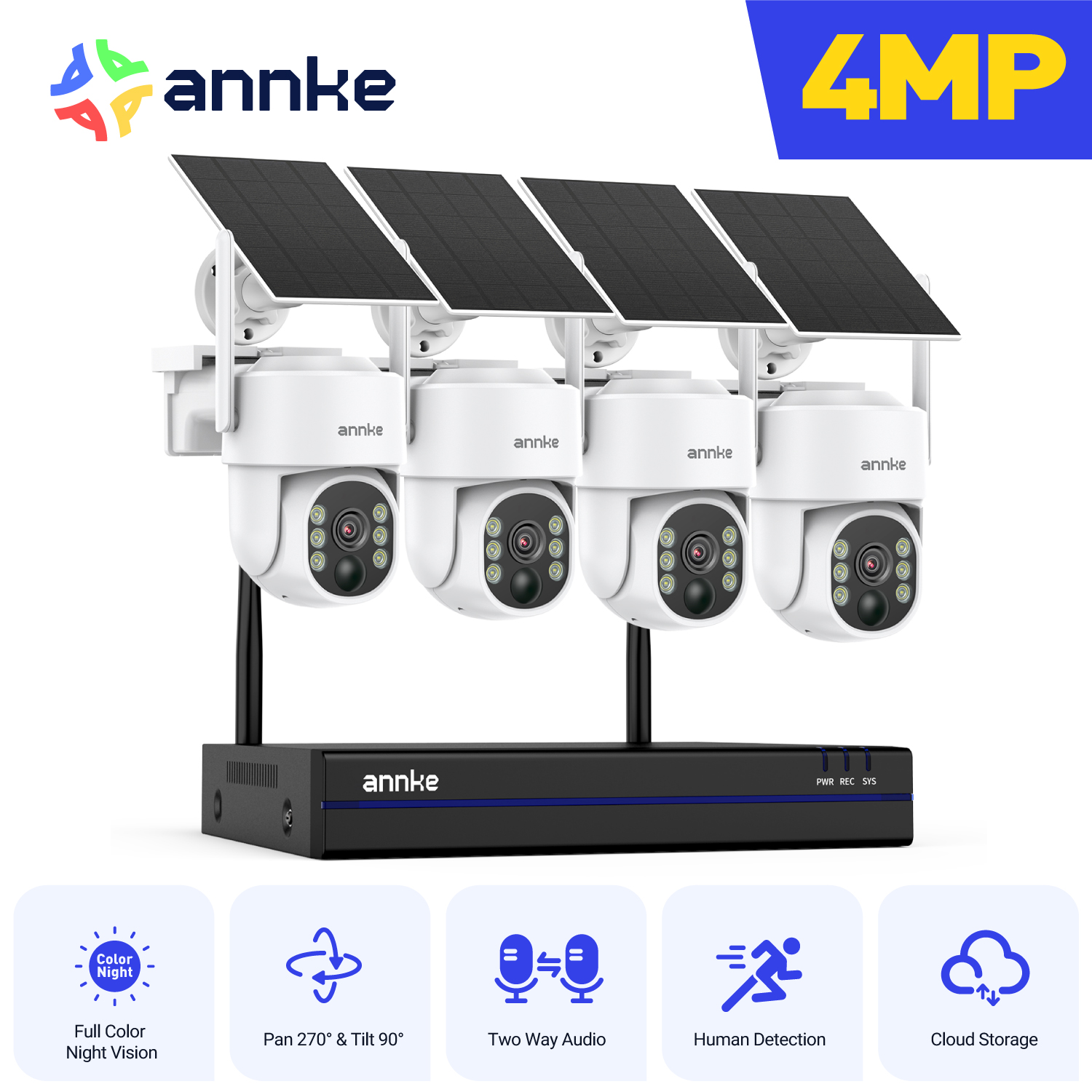 ANNKE 4MP ワイヤレス監視システム 16CH NVR wifi 監視カメラキットオーディオバッテリーソーラー監視カメラ屋外