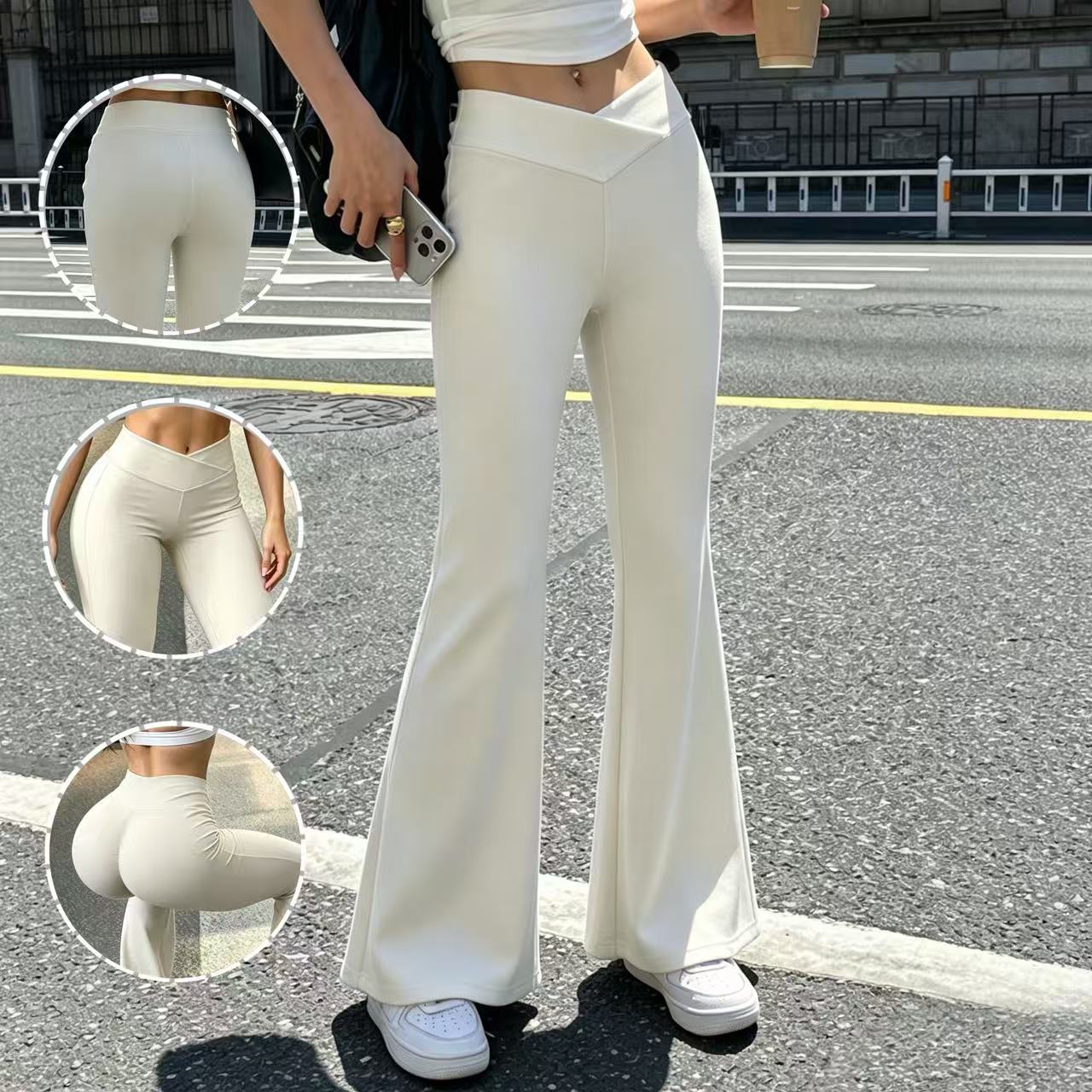 女性のクロスウエストフレアパンツ、ストレッチヨガパンツ、カジュアルパンツ、フィットネスやレジャーウェアに最適