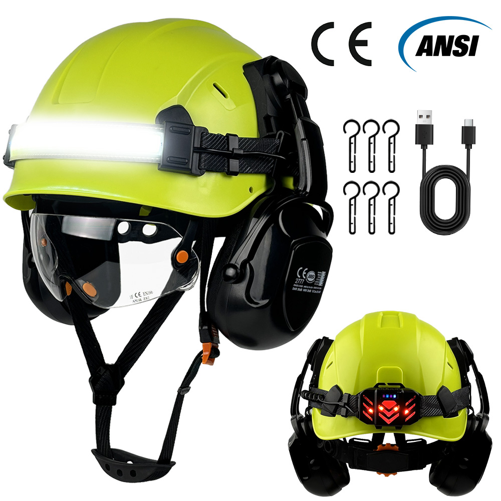 CE 安全ヘルメット内蔵ゴーグルイヤーマフ LED ヘッドライトストリップと警告テールライト ABS 軽量構造ハードハット