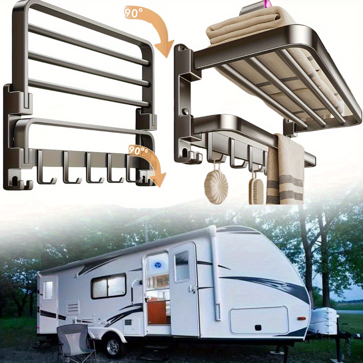 壁収納用の2階建てRV折りたたみ式タオルラックで、キャンピングカーのスペースを節約します。 90°折りたたみデザインでRVアクセサリーを効率的に整理