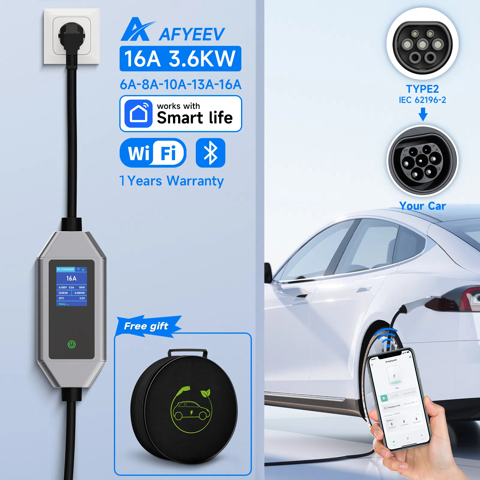 AFYEEV 3.6KW 16A タイプ 2 EV 充電器タイプ 1 GB/T EVSE 充電 3.5 メートルケーブル EU プラグ WiFi Bluetooth APP リモコン単相