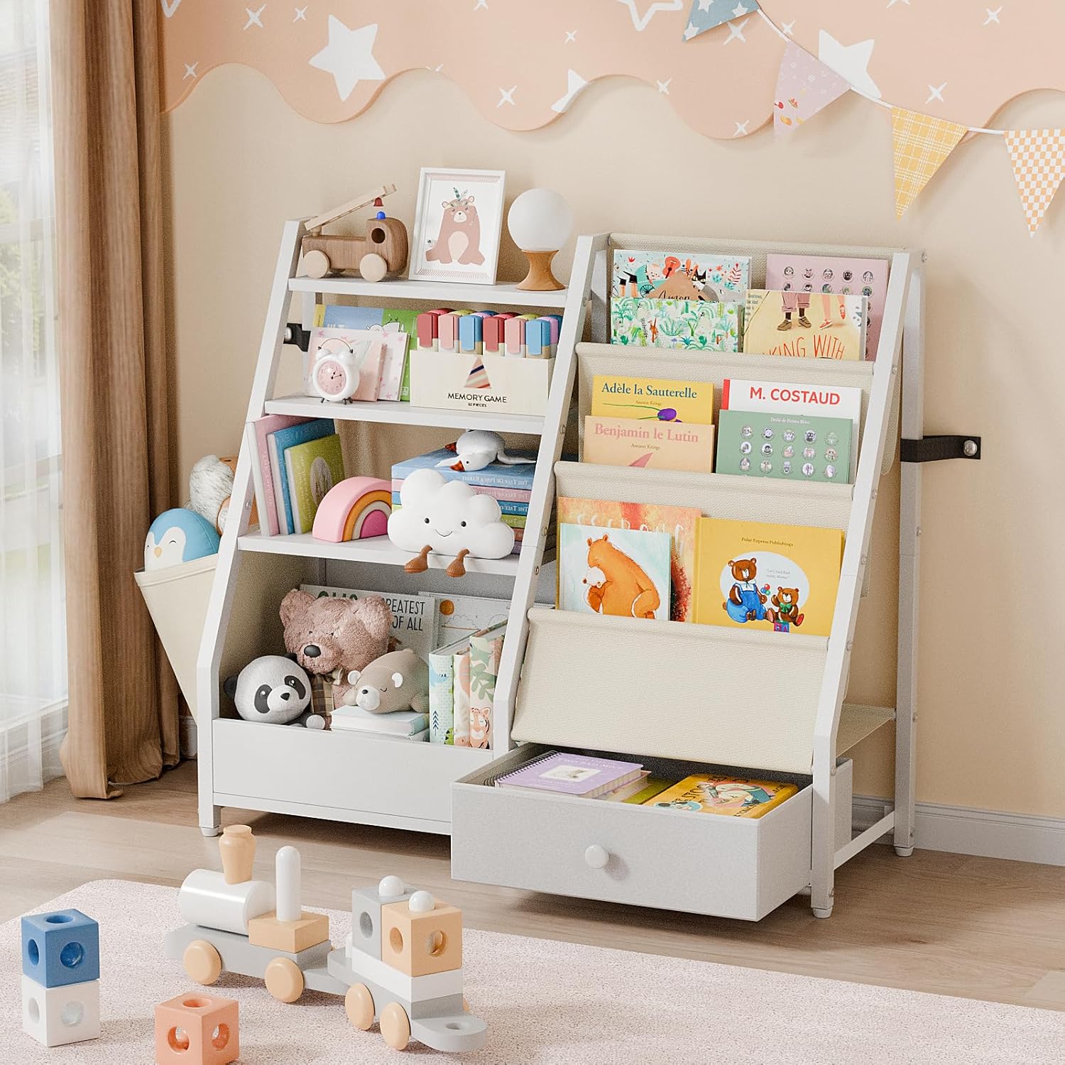 子供用本棚とおもちゃ収納、保育園用幼児用本棚、モンテッソーリオーガナイザー、ホワイト