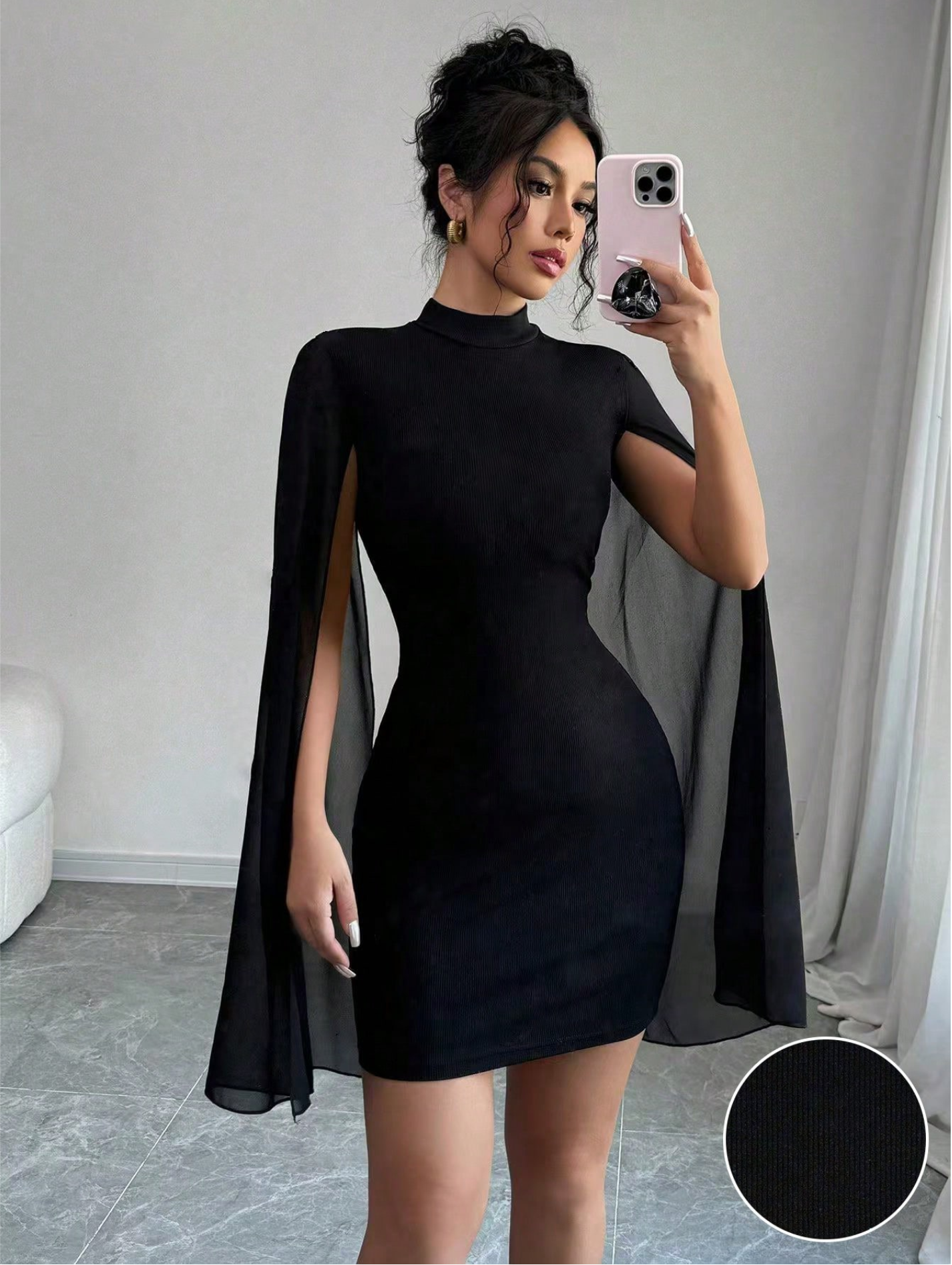 セクシーな女性用スタンドカラーケープミニドレススパークリングクラブパーティーナイトアウトフィットボディコンエレガント秋冬