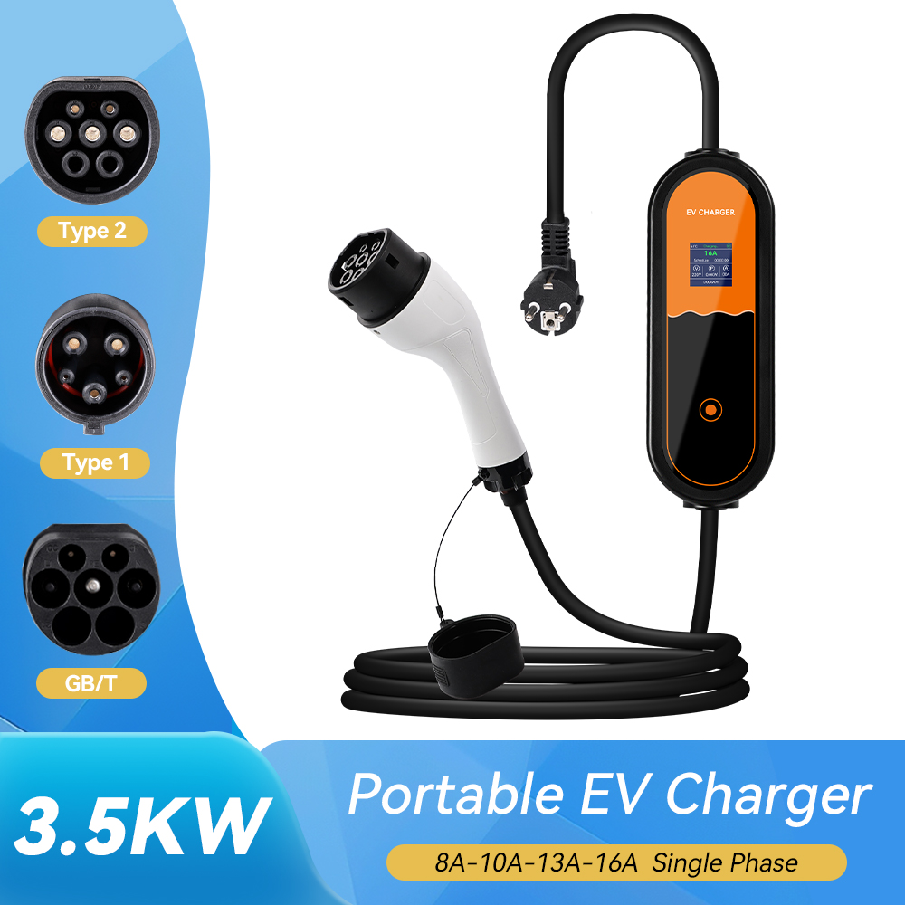 3.5KW Type2 ポータブル EV 充電器 16A 1 相 EU プラグ EVSE 充電 8A-10A-13A-16A 電流調整可能な電気自動車充電