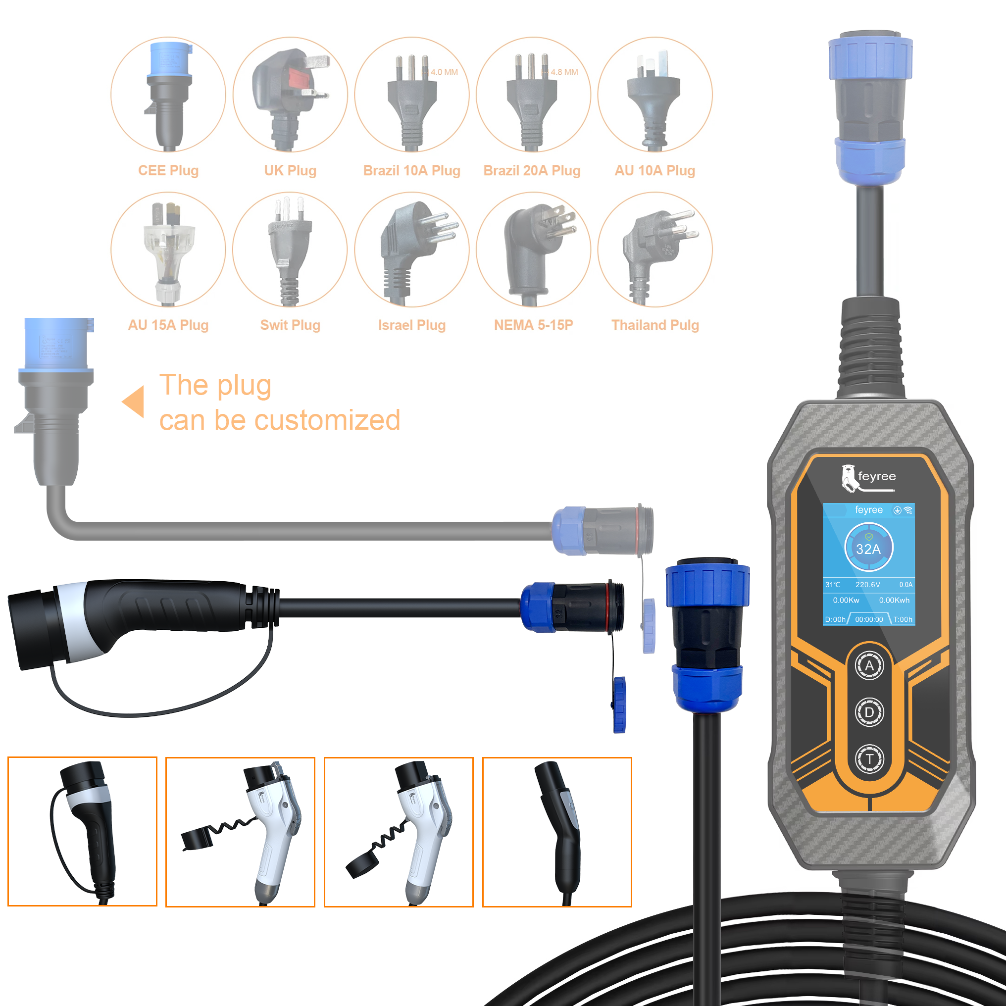 Feyree 7kW ポータブル EV 充電器交換可能な車側充電プラグ Type1/Type2/NACS/GBT 充電規格と互換性あり EV 用