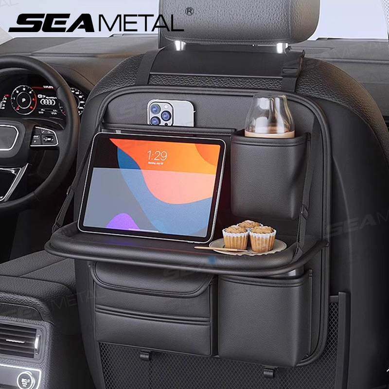 Seametal カーシートバック収納袋大容量マルチポケット後部座席オーガナイザー折りたたみダイニングテーブルタブレットトレイハンギングバッグ