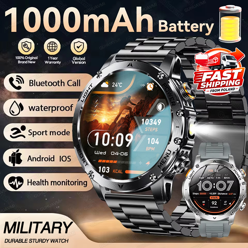 2026 新しいメンズ 1000mAh バッテリー屋外スマートウォッチ、1.7 インチ HD ディスプレイ、Bluetooth 通話、IP68 防水、ミリタリースポーツブレスレット、心拍数、フィットネストラッカー、Android iOS 用腕時計