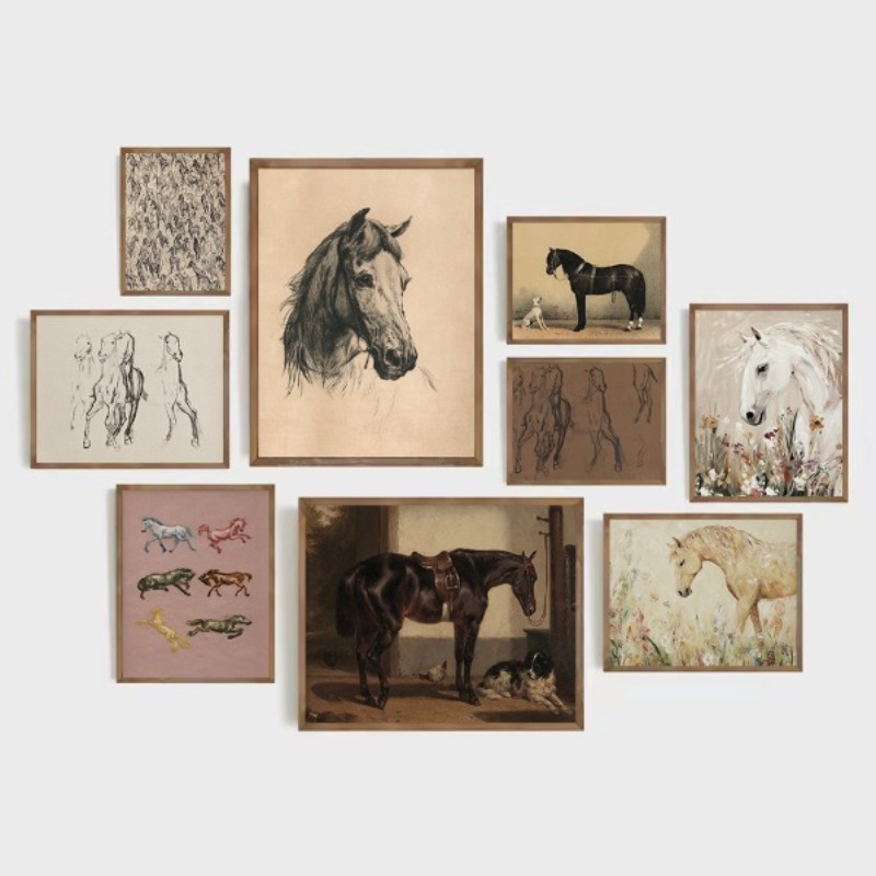 ヴィンテージ野生馬スケッチミニマリスト馬術描画美的ポスターキャンバス絵画壁写真家の農家の装飾
