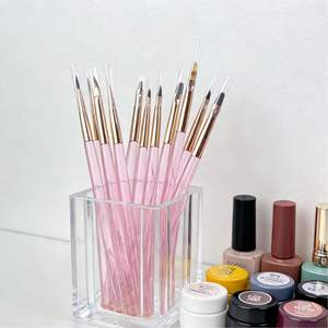 Nail Art Brush Set: Various Flat, Lined, and Oval Brush Heads; Pink Nylon Nail Art Supplies