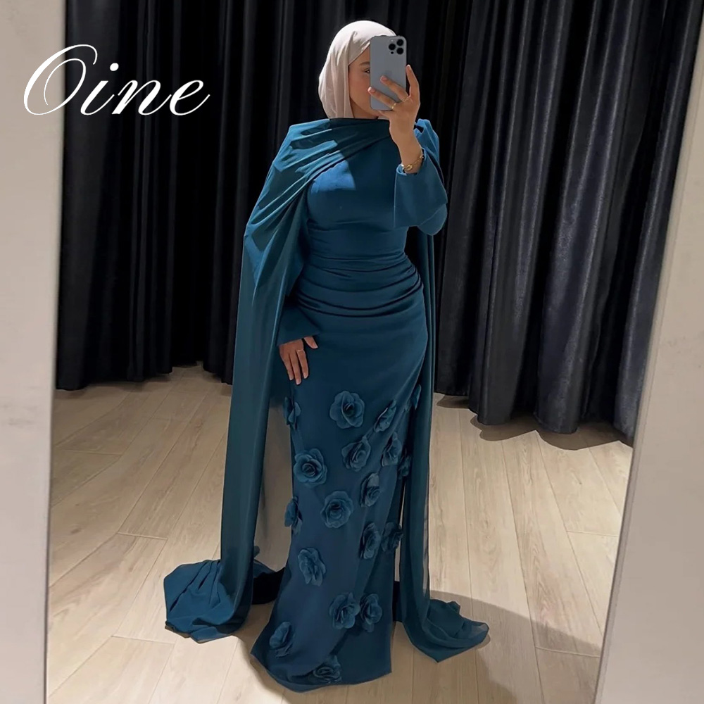 Oine カスタマイズされたジャージイスラム教徒のイブニングドレス 2026 アップリケ 3D 花ハイカラーシースロングドレスオーダーメイドフォーマルな機会