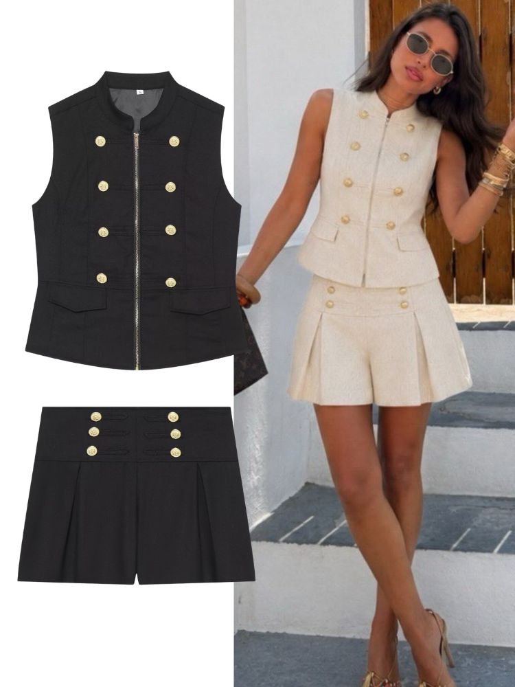 HH Summer Fashion Linen Slim Two Piece Set For Women Stand Collar Knot Decorated Zipper Vest Zipper Mini Shorts Casual Outfit