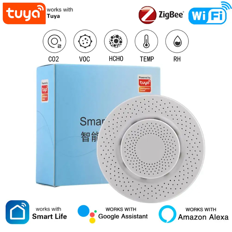 Tuya Zigbee/WiFi 空気質センサー スマート エアボックス CO2 メーター ホルムアルデヒド VOC 温度湿度センサー Alexa Google 経由