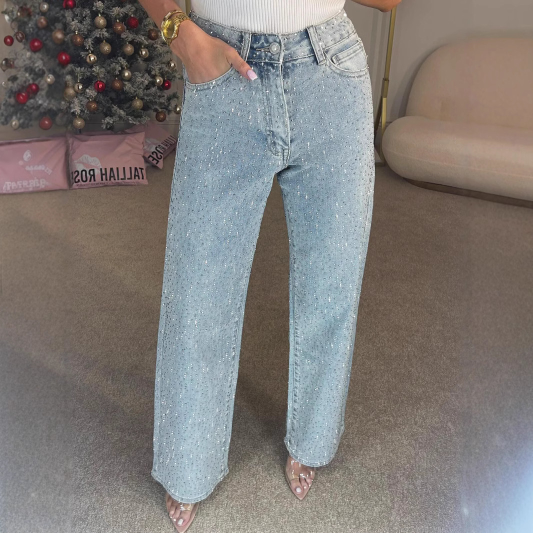 ストレートジーンズ女性のためのダイヤモンドパンツストレッチハイウエストウォッシュ加工ポケットヴィンテージデニムストリート女性のズボン