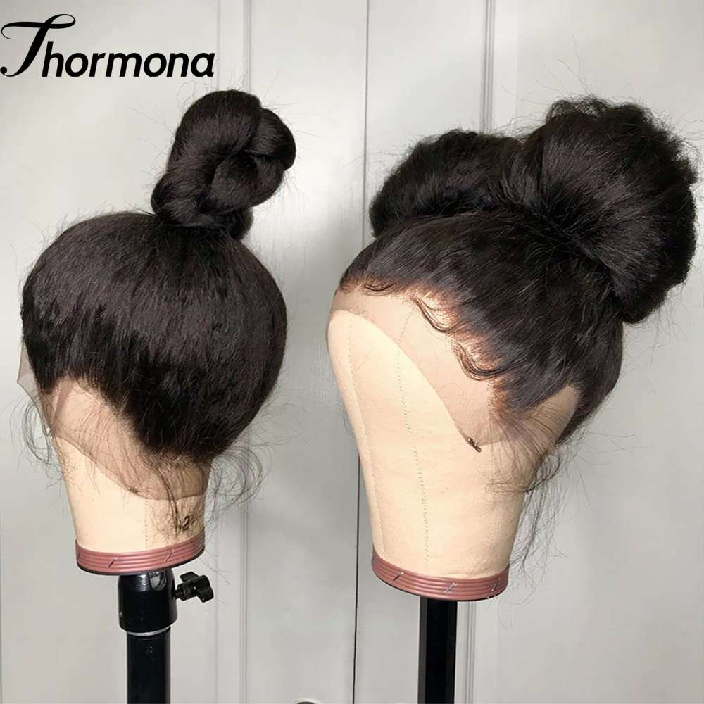 13 × 6 変態ストレートレースフロントウィッグ 13 × 4 200% 密度ナチュラルブラック焼きレースフロントウィッグ女性のための合成かつらグルーレス