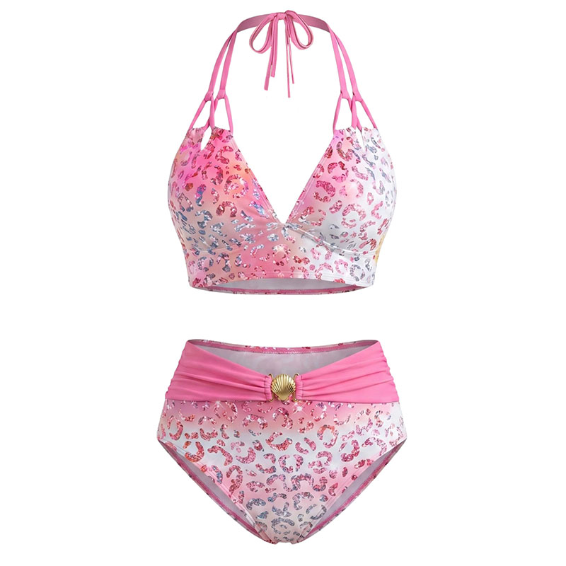 Dressfo Women's Beach Vacation Bikini Swimsuit Ombre Sequined Leopard Print Ruched Halter Swimwear Set