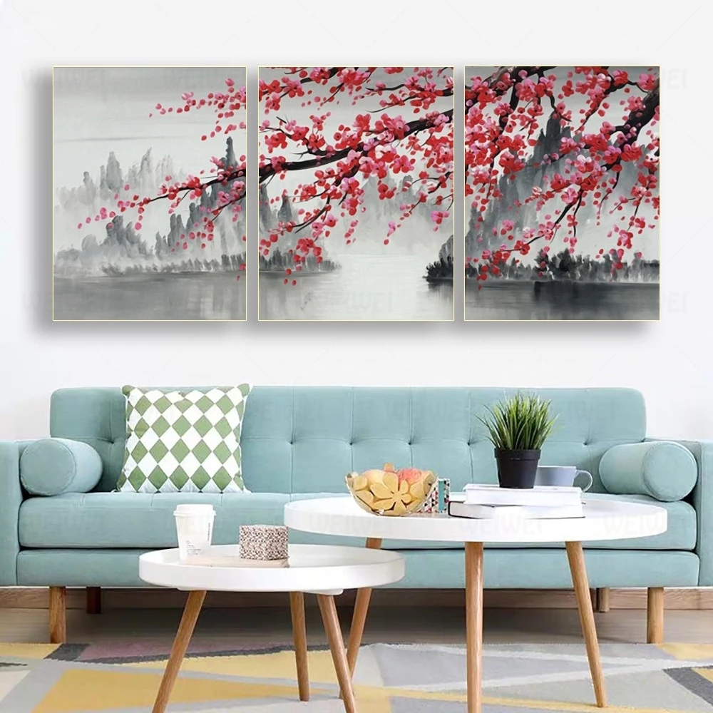 現代のビッグサイズの花キャンバス絵画抽象ドロップシッピング植物梅の花壁アートグレー赤プリント家の装飾ポスター