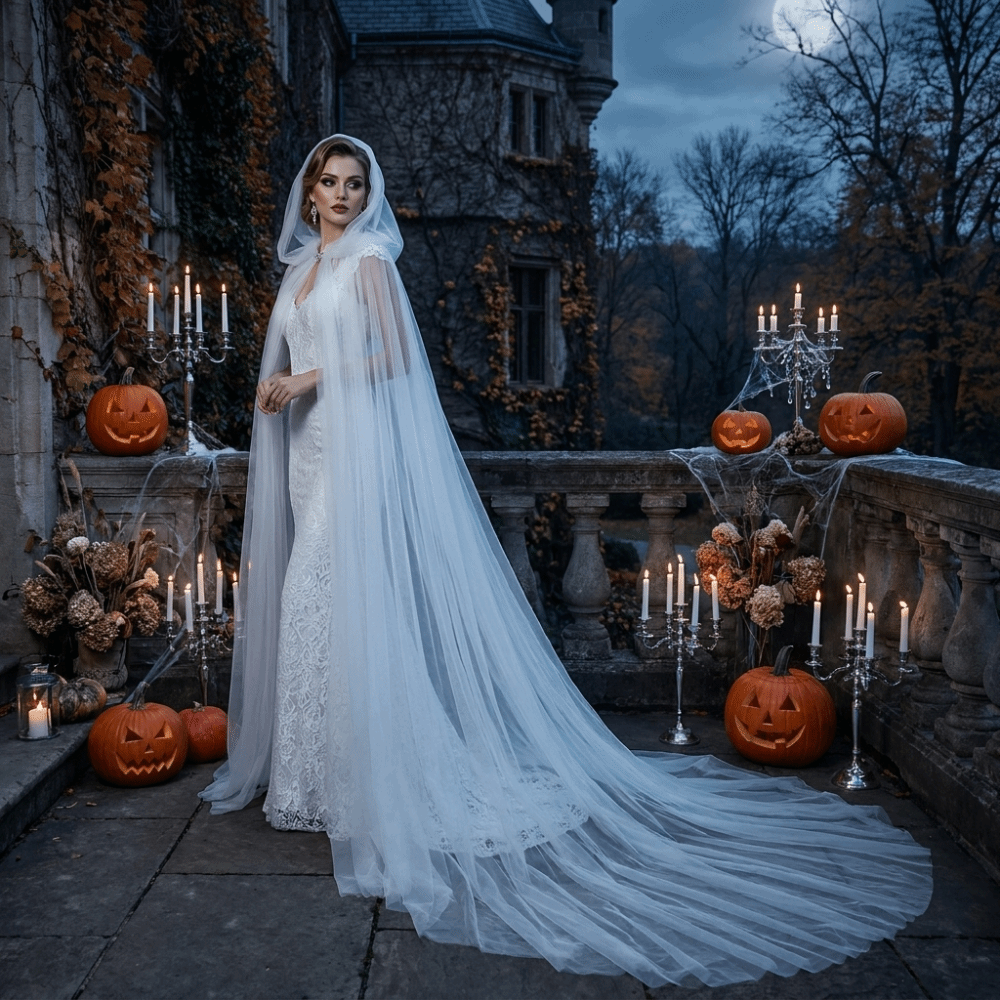 レトロ無地ハロウィンフード付きチュールケープ床長さのロングメッシュマントポリエステル薄手のコスプレブライダル衣装女性