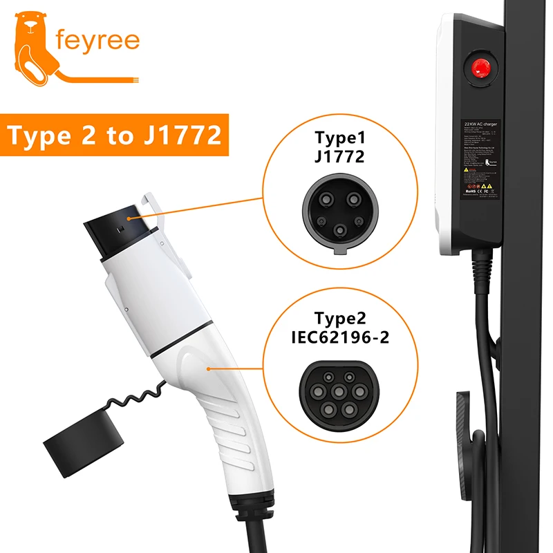 Feyree EV 充電器アダプタ Type2 IEC62196-2 から Type1 車の充電ソケット AC 充電アダプタ 32A 1 相 3.5KW 7KW 最大電気自動車