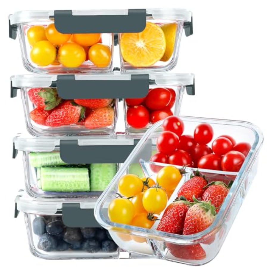 ガラス製食事準備容器 3コンパートメント 5個パック 36オンス 蓋付きガラス製食品保存容器 気密ランチ弁当箱 ポルト