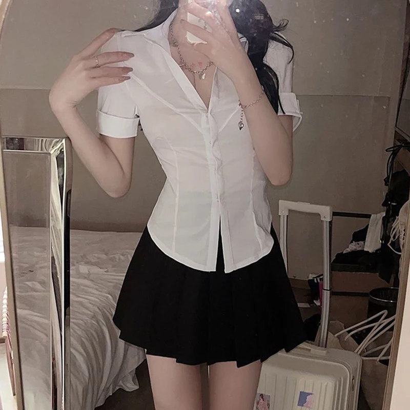 SMVP 女性用白シャツ韓国スタイルスリムフィット半袖クロップドブラウスレディースプレッピースタイル学生ターンダウンカラーシャツ