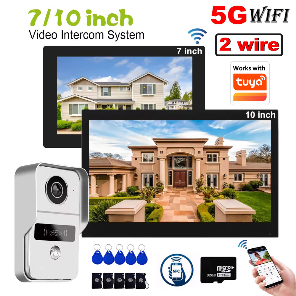 2 ワイヤー Tuya WiFi 1080P ビデオドアホンタッチスクリーン 32 グラムカードビデオドアベルホームスマートライフインターホンシステム 7/10 インチオプション