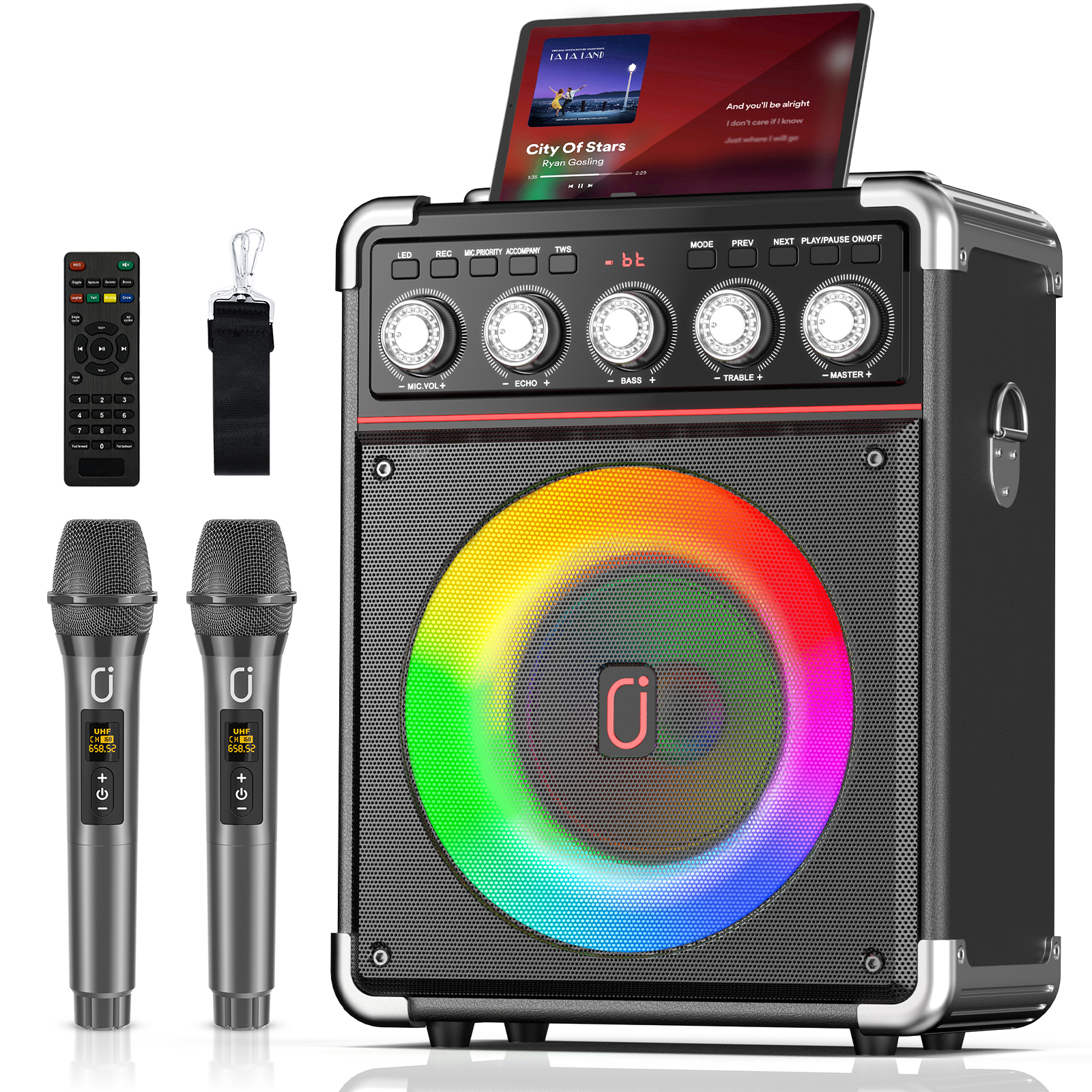 FanFun カラオケ スピーカー、Bluetooth スピーカー 2 つのマイクと LED ライト付き、ポータブル ワイヤレス スピーカー、屋外パーティー スピーカー