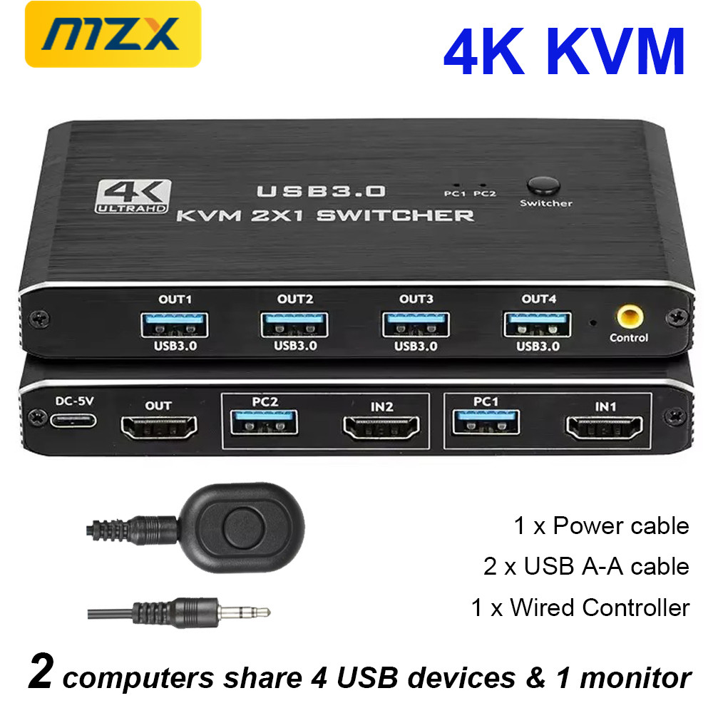 MZX 2-In-1-Out KVM スイッチ 4K 60Hz HDMI 対応 USB 3.0 ハブ スイッチャー ドッキング ステーション ドック コンピューター PC 共有 キーボード プリンター