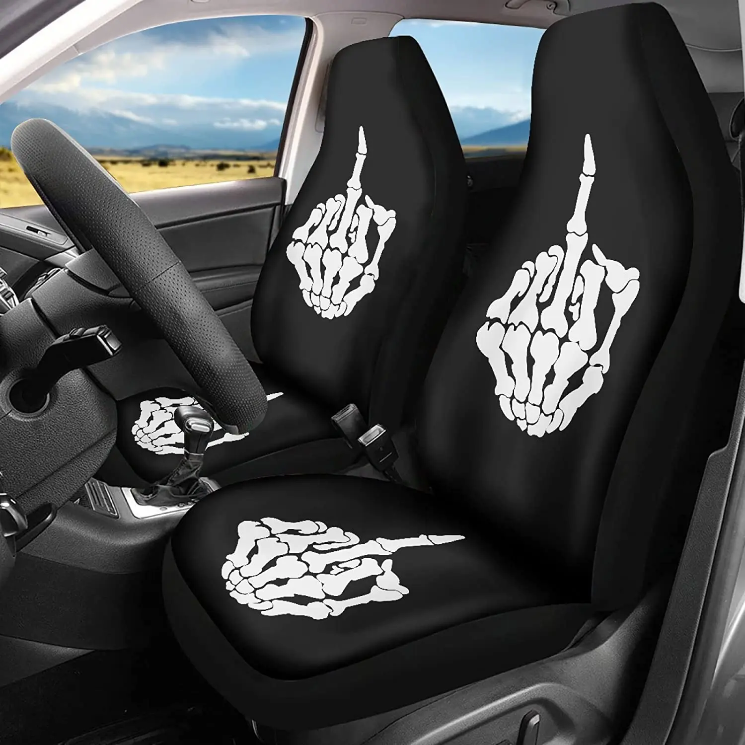 面白いスカルプリント カーシートカバー フロントシート用 2パック バケットフロントシートカバーセット ほとんどの車、トラック、バン、SUVに適合