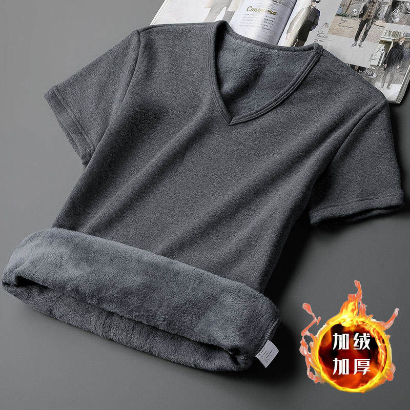 プラスベルベット肥厚半袖メンズ Tシャツ V ネックソフト暖かい底シャツ暖かい服フリース裏地スリム下着ボトム