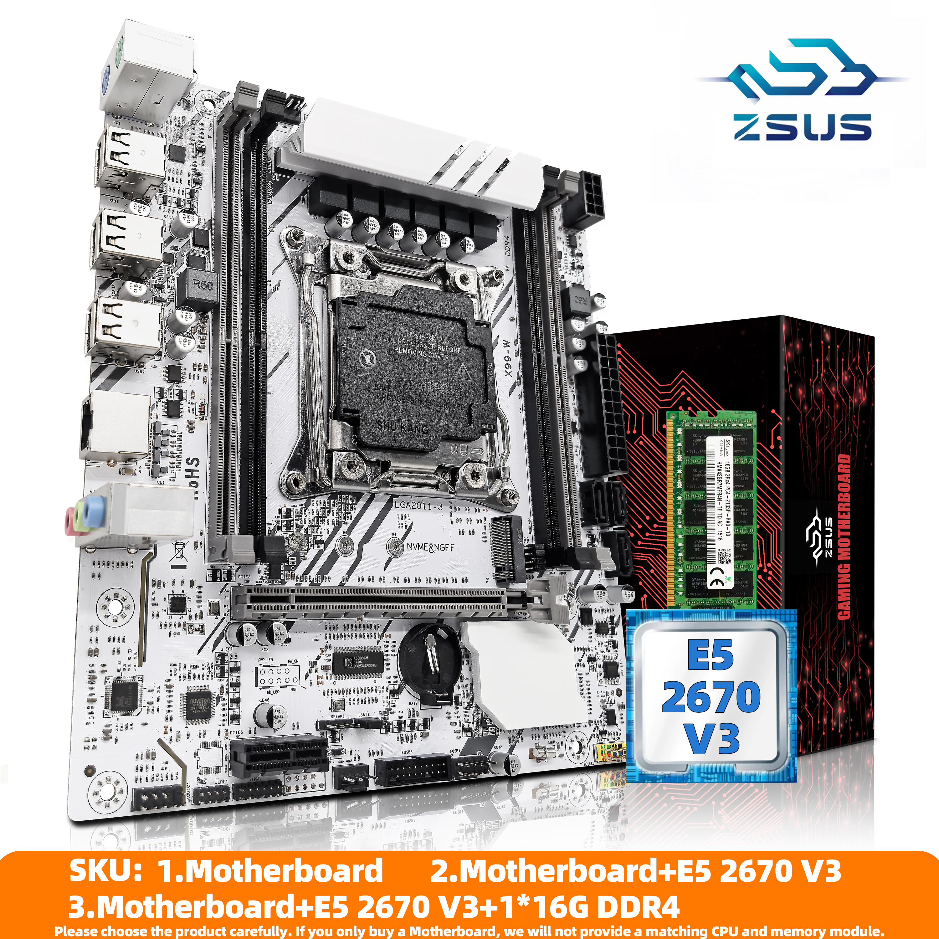 ZSUS X99 マザーボードセットキット LGA2011-3 Xeon E5 2670 V3 CPU DDR4 16GB (1*16GB) 2133MHZ RAM メモリ NVME M.2 SATA