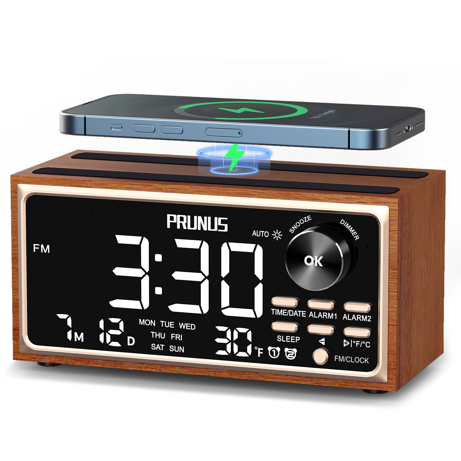レトロヴィンテージデュアル目覚まし時計ラジオFM 15W高速ワイヤレス充電LEDディスプレイ調光器制御自動調光レトロ時計寝室