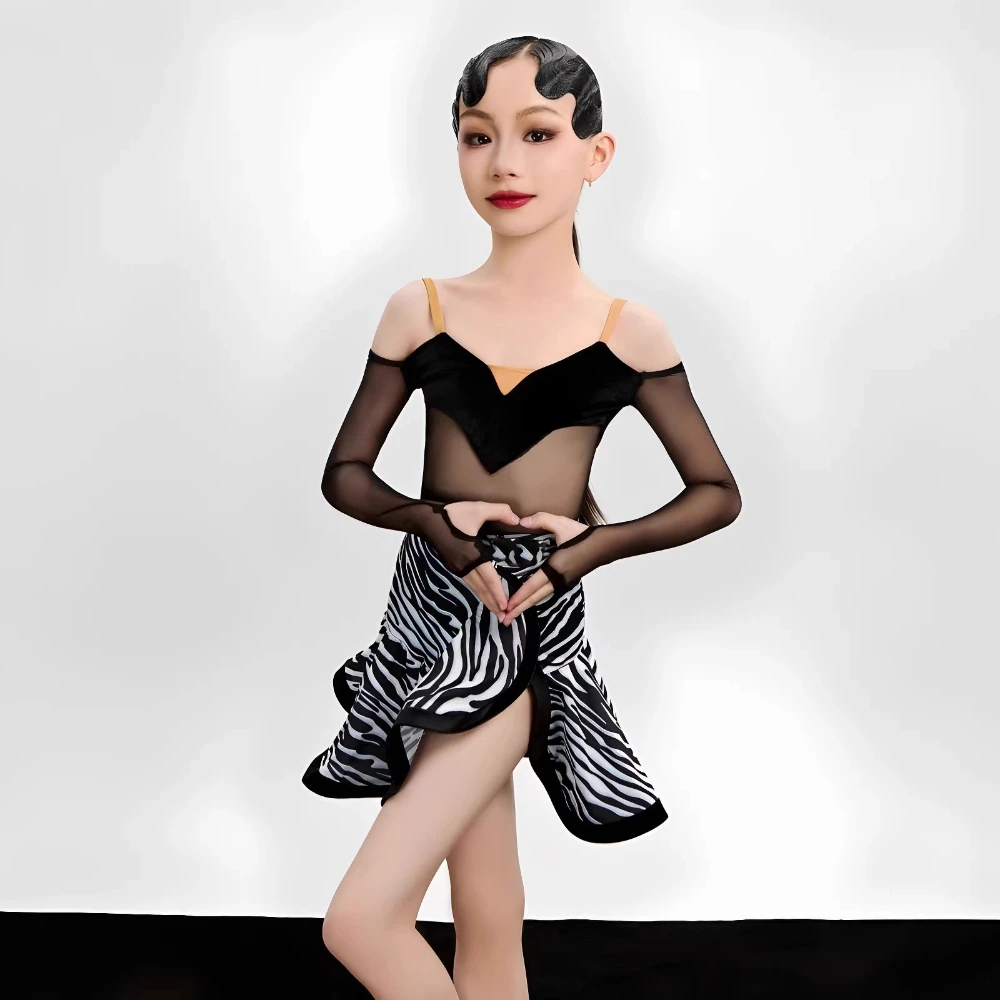 子供ラテンダンスドレス女の子のための春長袖 V ネックメッシュパッチワークゼブラプリントスカートチャチャサンバダンス練習セット