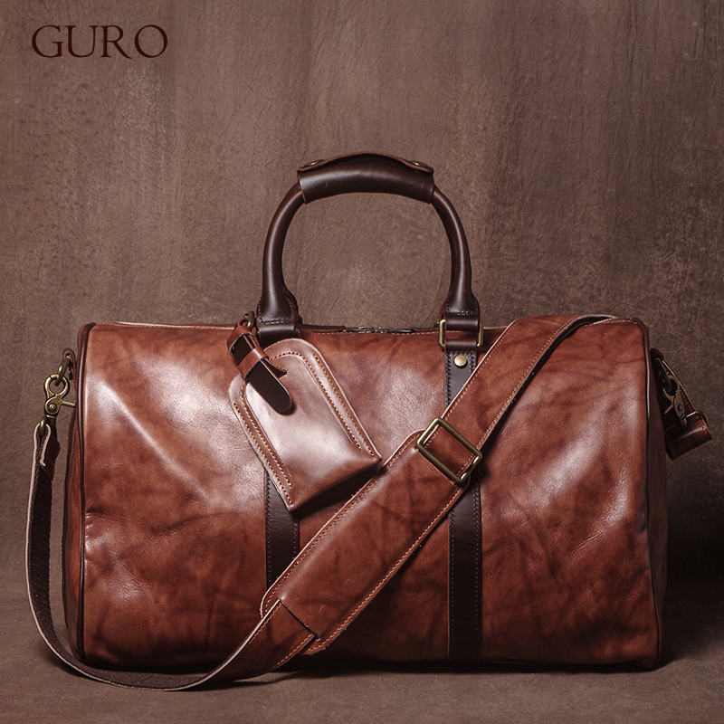 GURO 高品質本革トラベルバッグメンズ週末ジムハンドバッグ高級牛革荷物バッグヴィンテージショルダークロスボディバッグ