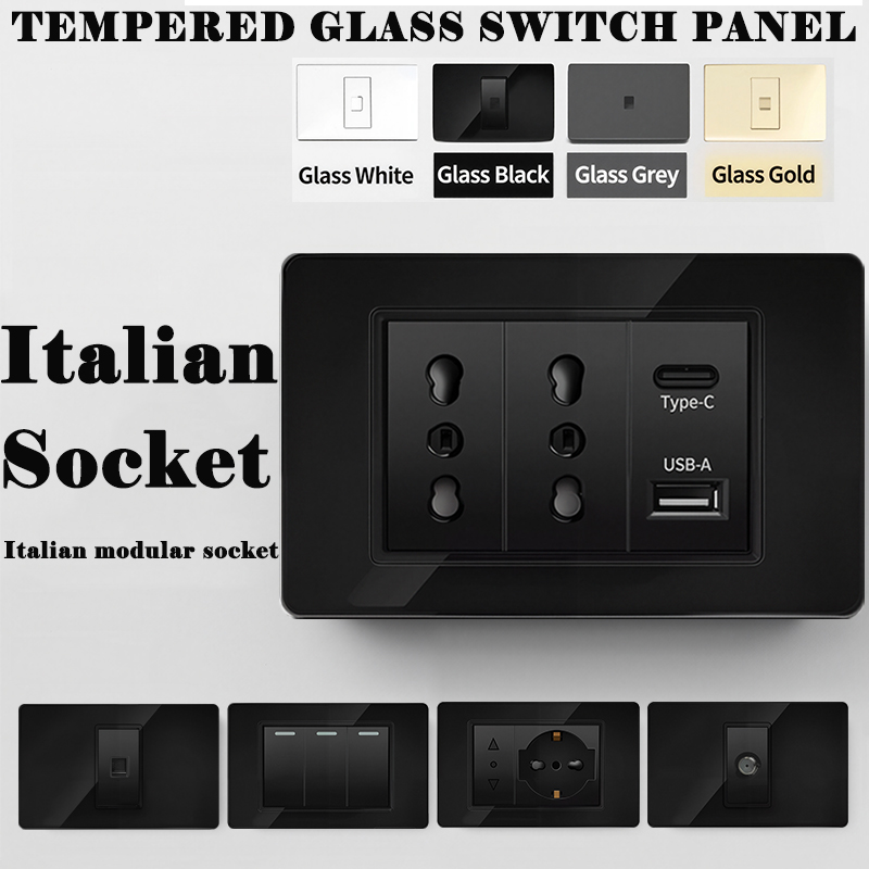 イタリア電源ソケット 118 シリーズ強化ガラスパネル USB チリ Type-C 20W 急速充電 16A 家庭用オフィス用壁スイッチ