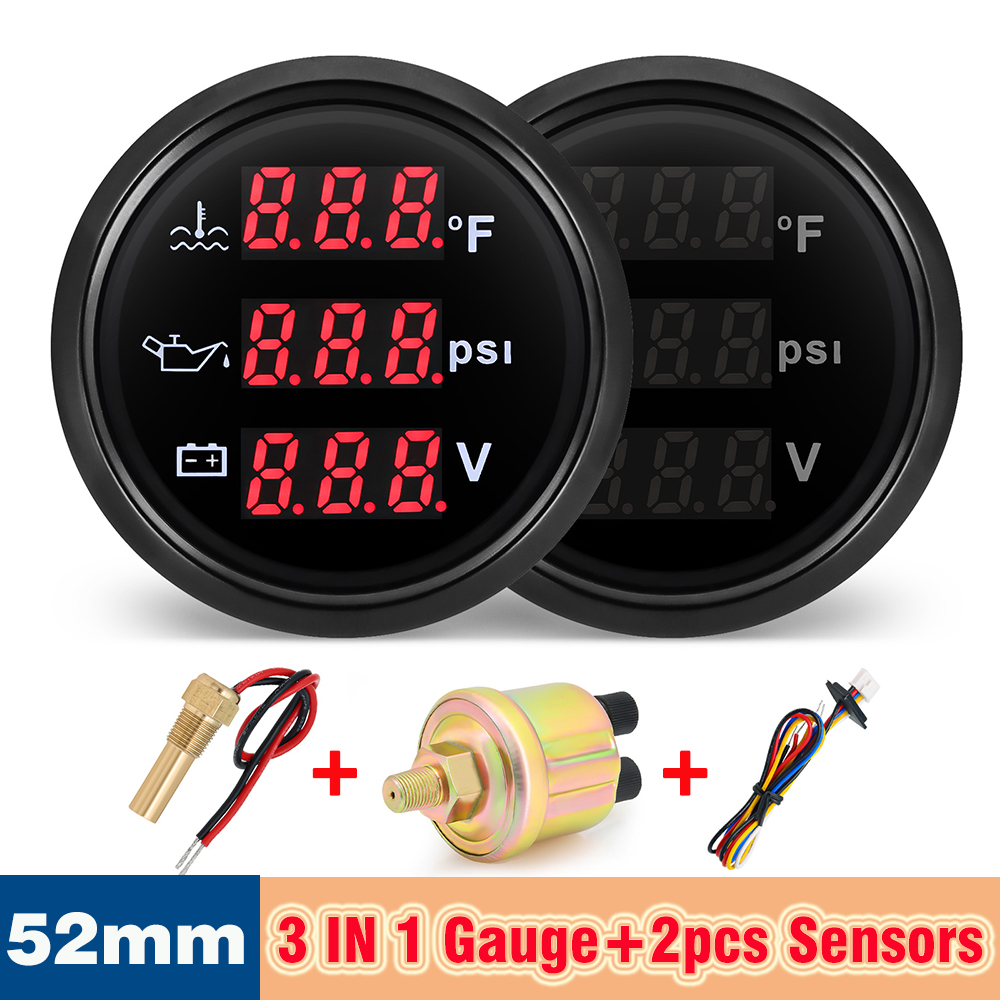 Oil Press+Water Temp+Volt 3 IN 1 Automobile Car Gauge with Alarm 52mm Temperature Gauge 1/8NPT Temp Sensor For 12V/24V Car Truck